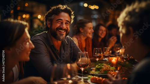 Group of friends having dinner together at a restaurant. Cheerful young men and women sitting at the table and talking.