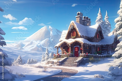 Santa Claus house at North Pole. Holiday of Christmas and New Year. Rustic cozy fairy-tale house. photo