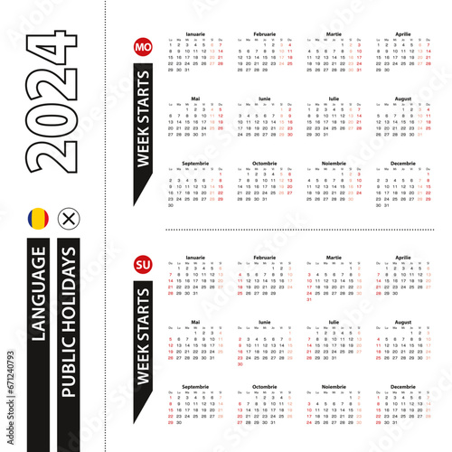 Two versions of 2024 calendar in Romanian, week starts from Monday and week starts from Sunday.