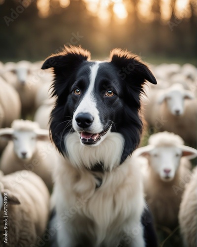 happy and smiling border collie sheepdog inside the sheeps blurred in the background 