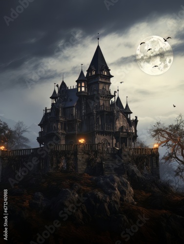 Fairytale haunted house on hill on night with full moon. AI