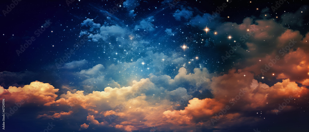 Dark pink and orange sunset clouds with some stars visible through. Abstract night background banner. Generative AI Dark pink and orange sunset clouds with some stars visible through. Abstract night background banner. Generative AI