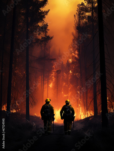 Firefighters put out forest fires. A couple of fire fighters standing in the middle of a forest