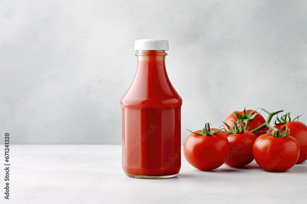 Eco ketchup and tomatoes on light background Eco ketchup and tomatoes on light background