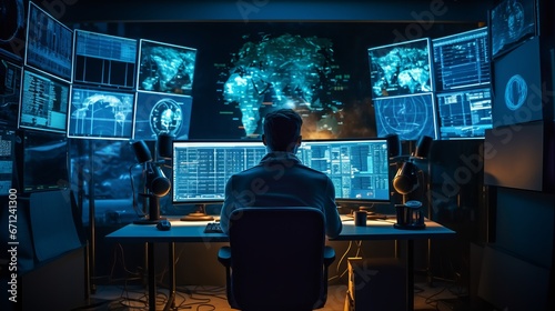 Developer or hacker sitting near powerful computer with a lot of screens. Cyber security concept