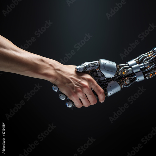 handshake human with a cyborg robot arm agreement ai working together © Martin