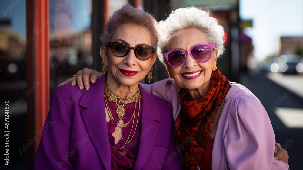 tow old woman in purple attire wearing dresses posing outside store, in the style of effortlessly chic, italianate flair, close up, light beige and red tow old woman in purple attire wearing dresses posing outside store, in the style of effortlessly chic, italianate flair, close up, light beige and red