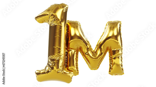 3D render of golden number one million isolated on white background, Million Views, One million followers concept