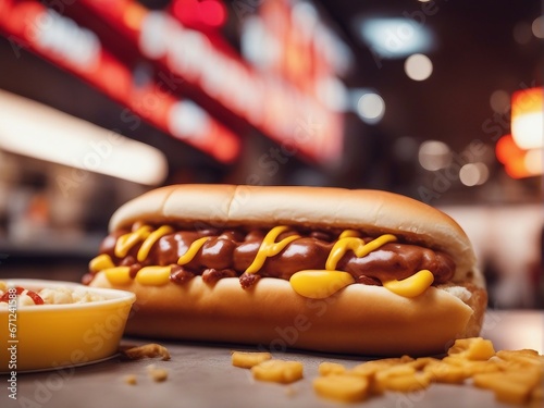  hot dog at fast food restaurant, food court, street restaurant. isolated blurry background