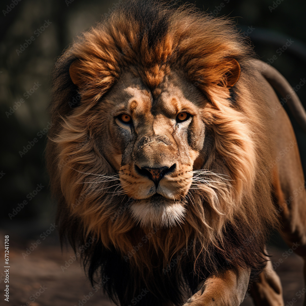 Lion looking in camera portrait powerfull eyes 