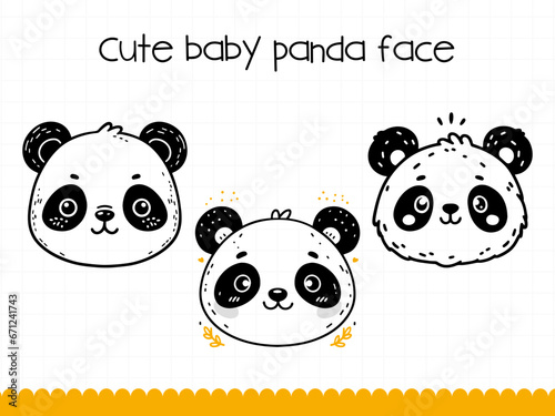 Cute panda face in simple doodle style set. Vector illustration.