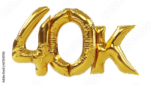 3D render of Golden forty thousand or 40k number balloons isolated on white background. 40k followers celebration. photo