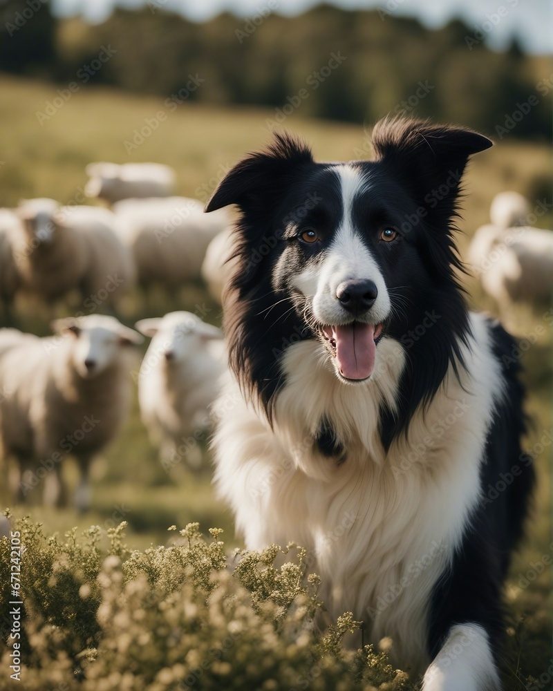 happy and smiling border collie sheepdog inside the sheeps blurred in the background
