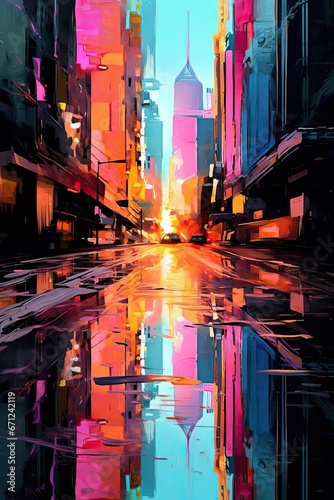 Colorful abstract painting of a modern city with skyscrapers