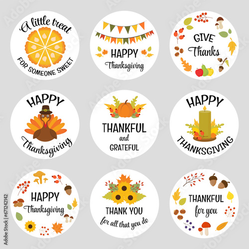 Fall appreciation Thank you gif tags with typography messages. Printable bundle of Thanksgiving round stickers. Thanksgiving badges and labels vector design elements set. Fall designed autumn labels.