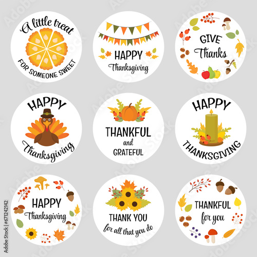 Fall appreciation Thank you gif tags with typography messages. Printable bundle of Thanksgiving round stickers. Thanksgiving badges and labels vector design elements set.  Fall designed autumn labels.
