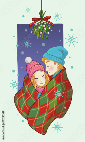 Happy Romantic Young Christmas Couple Hugging Under The Mistletoe