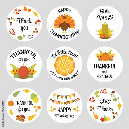 Thanksgiving round stickers, Thank you gift tags and labels. Set of fall appreciation gifts with vector design elements . Autumn fall themed tags for cookies and treats. Thanksgiving lettering.