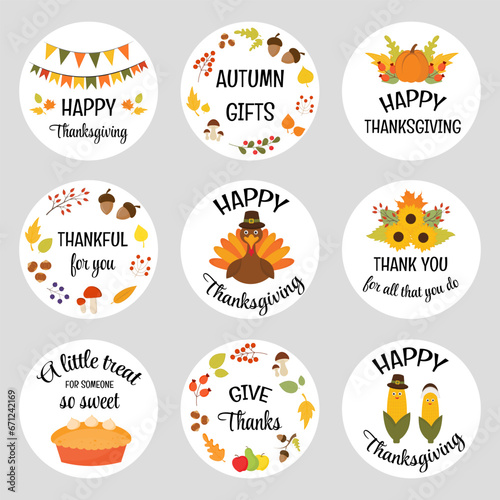 Set of Thanksgiving labels. Thanksgiving day printable tags, round stickers. Fall appreciation Thank you gif tags with typography messages. Thanksgiving lettering autumn frames in hand drawn style. 