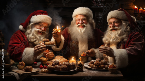 photos of santa claus's happy old friends celebrating christmas at the table