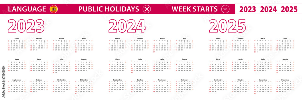 2023, 2024, 2025 year vector calendar in Spanish language, week starts on Sunday.