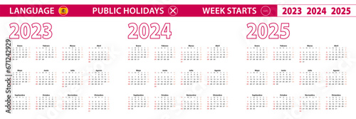 2023, 2024, 2025 year vector calendar in Spanish language, week starts on Sunday.