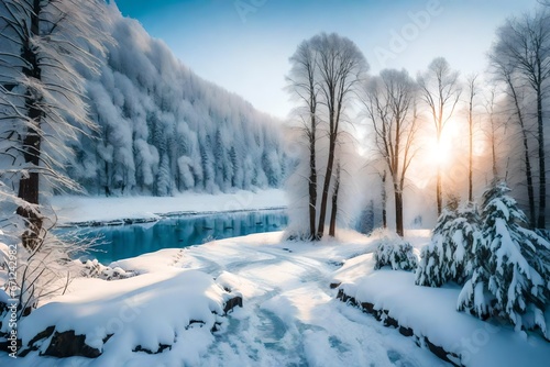 winter landscape with snow covered trees generated by AI technology 