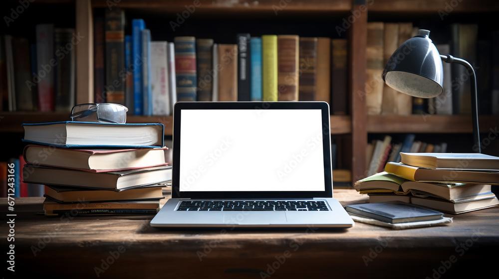 Notebook on the table in the office or classroom with the screen blank. For inserting text or images. Notebook on the table in the office or classroom with the screen blank. For inserting text or images.