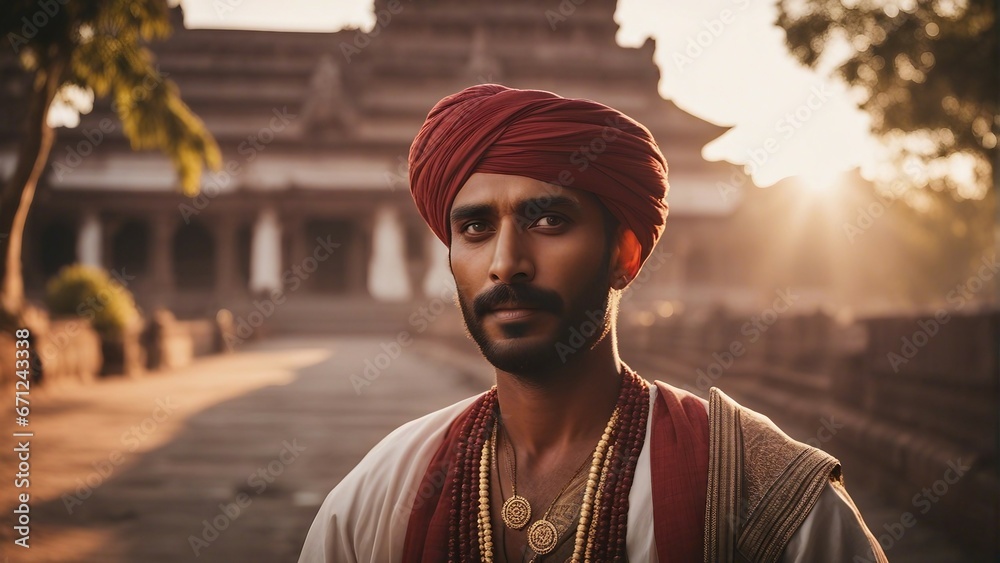 Fototapeta premium portrait of a Hindu man at sunrise in front of the temple, wearing traditional clothes