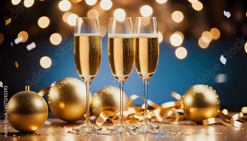 Winter background with glass champagne flutes on a golden table decorated with golden spheres and confetti with bright lights.