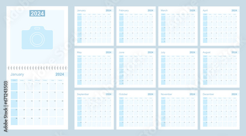 2024 wall planner in blue color, week starts on Sunday.