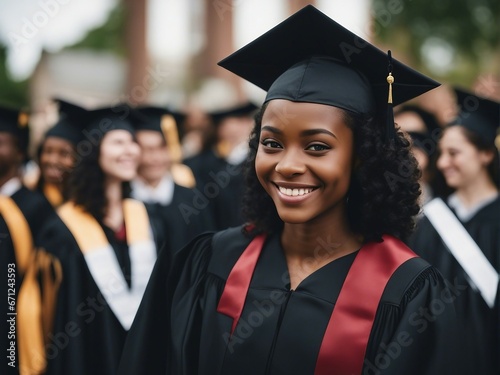 Portrait of a black American girl with a beautiful and sincere smile at a university graduation cere
 photo