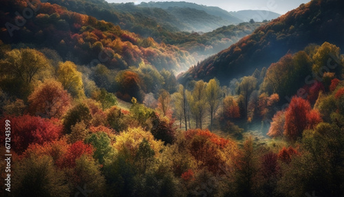 Vibrant autumn landscape multi colored trees, fog, and mountain peaks generated by AI © Jeronimo Ramos