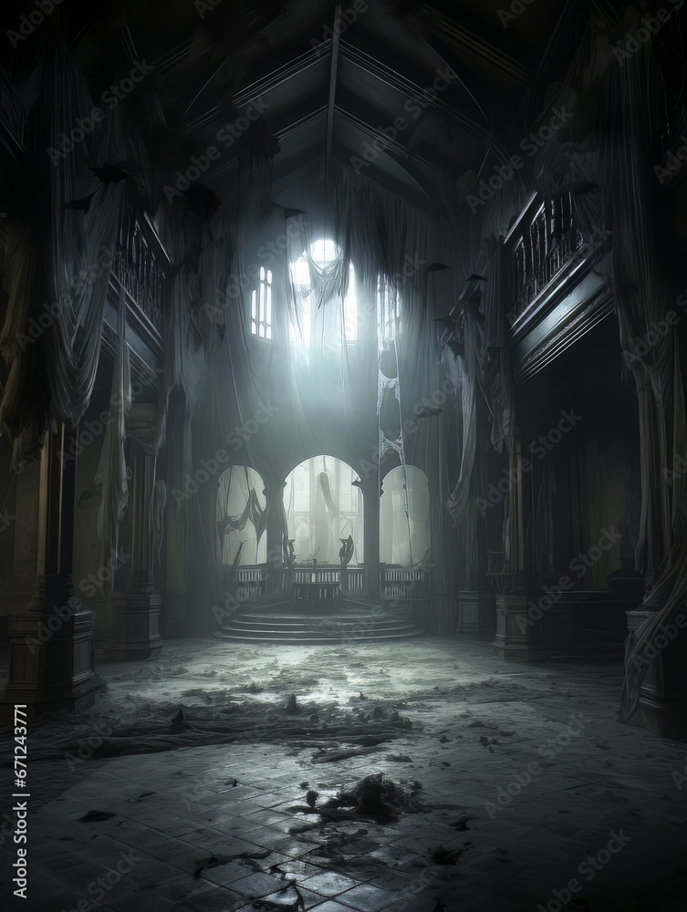 Gothic creepy room with bats in haunted castle. AI Gothic creepy room with bats in haunted castle. AI