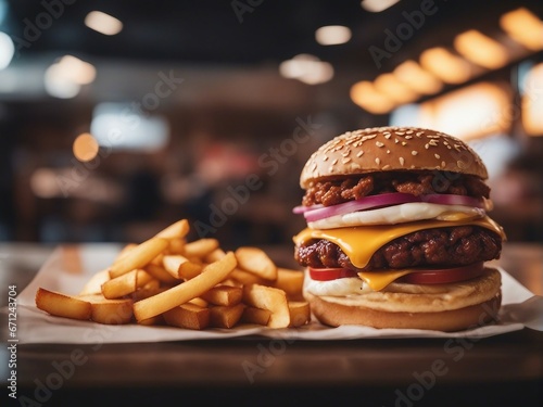 hamburger and fried potato at fast food court