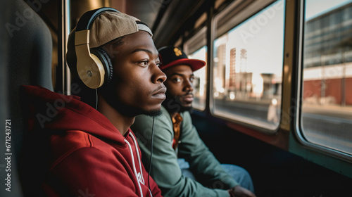 young African-American boys with headphones listening to modern music and looking out the window of the train while traveling, Generative IA