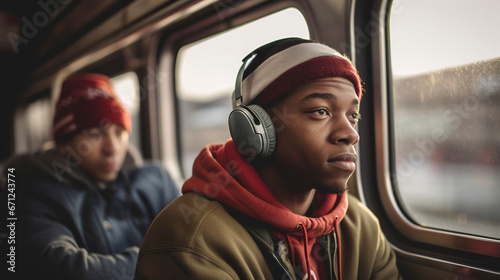 young African-American boy with headphones listening to modern music and looking out the window of the train while traveling, Generative IA