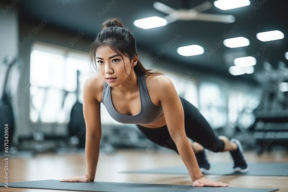 Slim young woman with athletic physique in gym