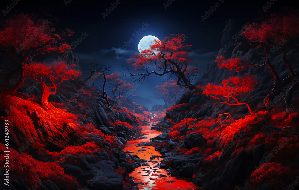 Chinese dark Style Fantasy landscape, Full moon over a Red forest Chinese dark Style Fantasy landscape, Full moon over a Red forest