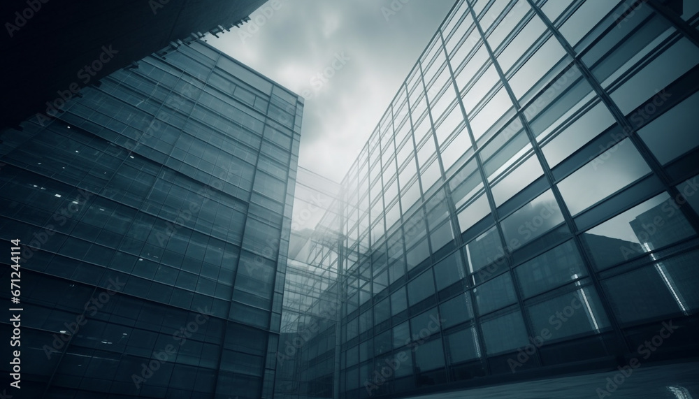 Obraz premium A modern skyscraper blue glass facade reflects the city abstract design generated by AI