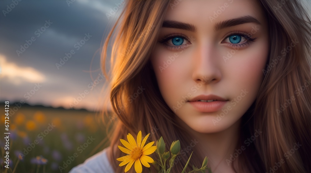 A stunningly beautiful girl with long, flowing hair and piercing blue eyes, standing in a field of wildflowers with the sun setting behind her.