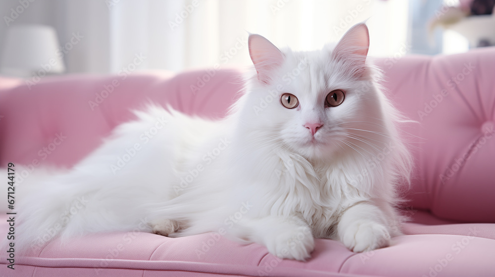 Beautiful white persian cat on sofa at home, closeup. Fluffy pet. 