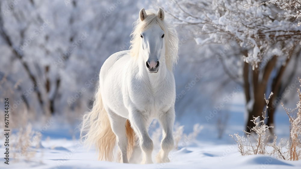 Beautiful white stallion in winter landscape. Portrait of a horse. Beautiful white horse with long mane walking in winter snowy field. Beautiful white stallion in winter landscape. Portrait of a horse. Beautiful white horse with long mane walking in winter snowy field.