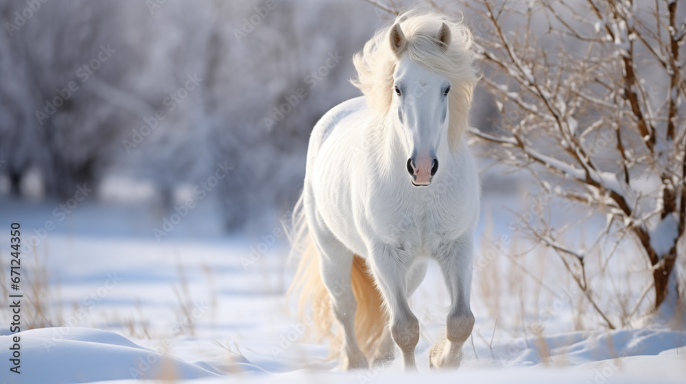 Fototapeta premium Beautiful white stallion in winter landscape. Portrait of a horse. Beautiful white horse with long mane walking in winter snowy field. 