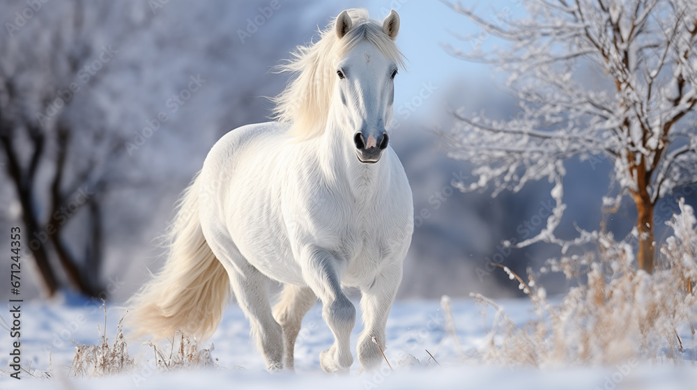 Beautiful white stallion in winter landscape. Portrait of a horse. Beautiful white horse with long mane walking in winter snowy field.  - obrazy, fototapety, plakaty 