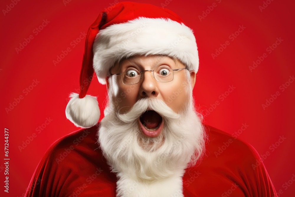 Santa Claus in the hat wonders. Surprised santa claus on red background, Christmas and new year holidays
