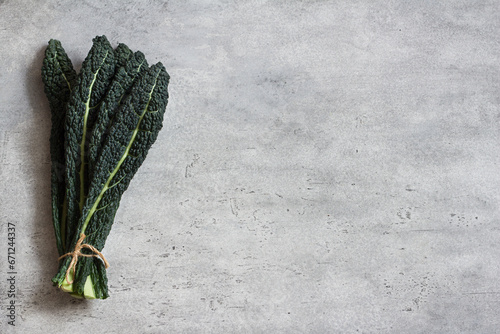 Fresh leaves of tuscan black cabbage or cavolo nero or lacinato kale on a gray textured background photo