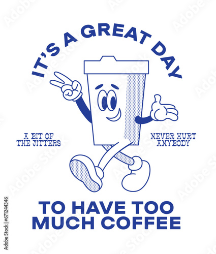 Retro cartoon funny characters posters. Vintage drink illustration. Latte, cappuccino, coffee cup, fresh juice mascot. Nostalgia 60, 70s, 80s. Print for cafe. For cafe. Vector isolated on background