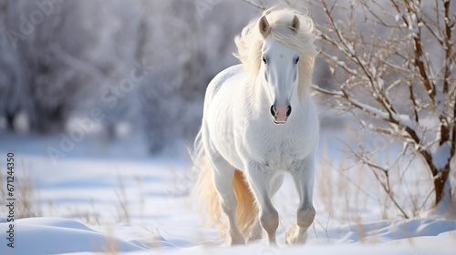 Beautiful white stallion in winter landscape. Portrait of a horse. Beautiful white horse with long mane walking in winter snowy field. 