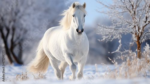 Beautiful white stallion in winter landscape. Portrait of a horse. Beautiful white horse with long mane walking in winter snowy field. 